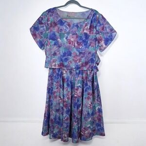 Lisa Cole Floral Print Midi Dress Blue Purple Tie Waist Vintage Made in USA READ
